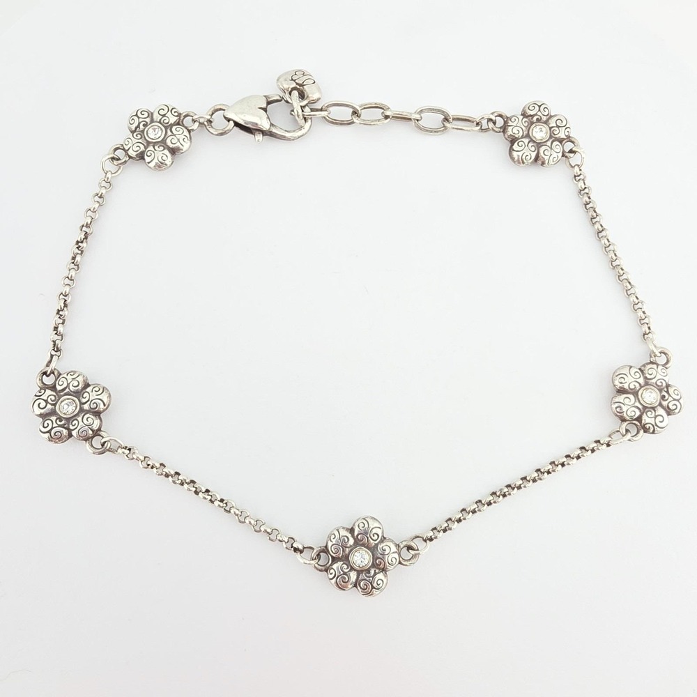 BRIGHTON 'Wild Flowers' Anklet Reversible Crystals Scrollwork Silver Plate 10.5"